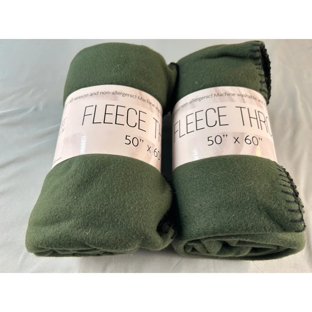Lot of 2 Olive Green Fleece Throw Blankets 50x60 Whipstitch‎ Edge Soft Warm New